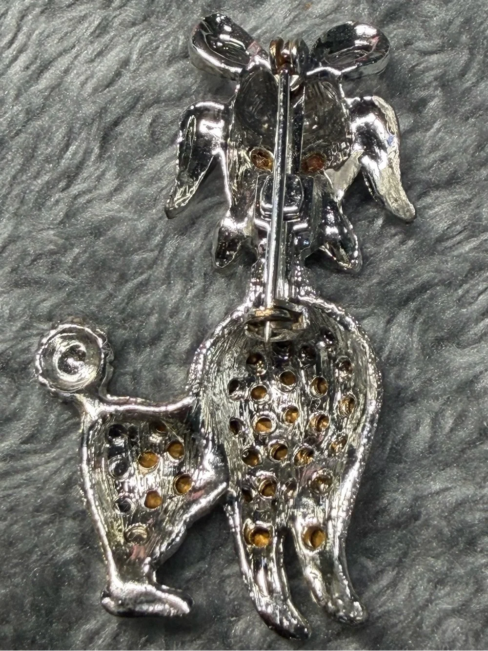 Silver Tone Rhinestone Poodle Dog Brooch Pin - Silver